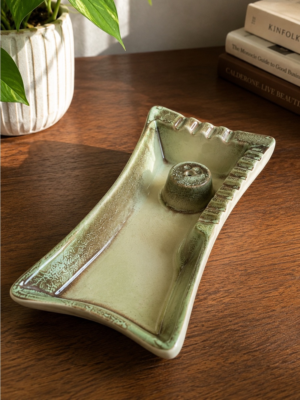 Vintage Mid Century Modern Ceramic Ashtray Trinket Tray Green Speckled Glaze